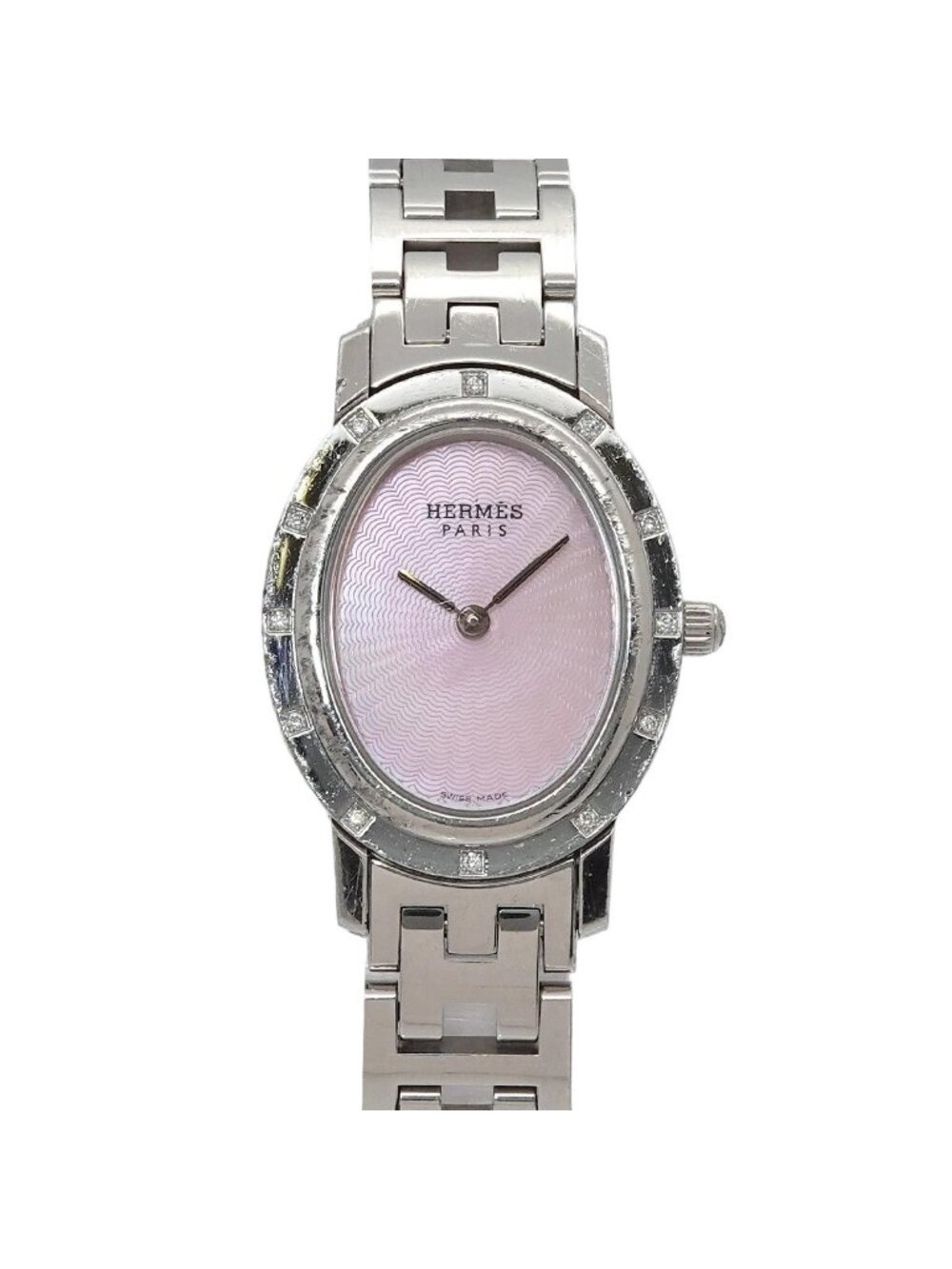 Hermes Clipper Nacre Oval Vintage Watch Diamond Bezel Quartz